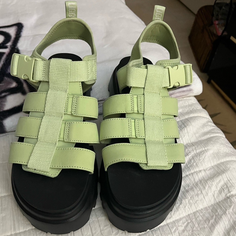 UGG Women's Sandals with Light Green Straps and Black Sole